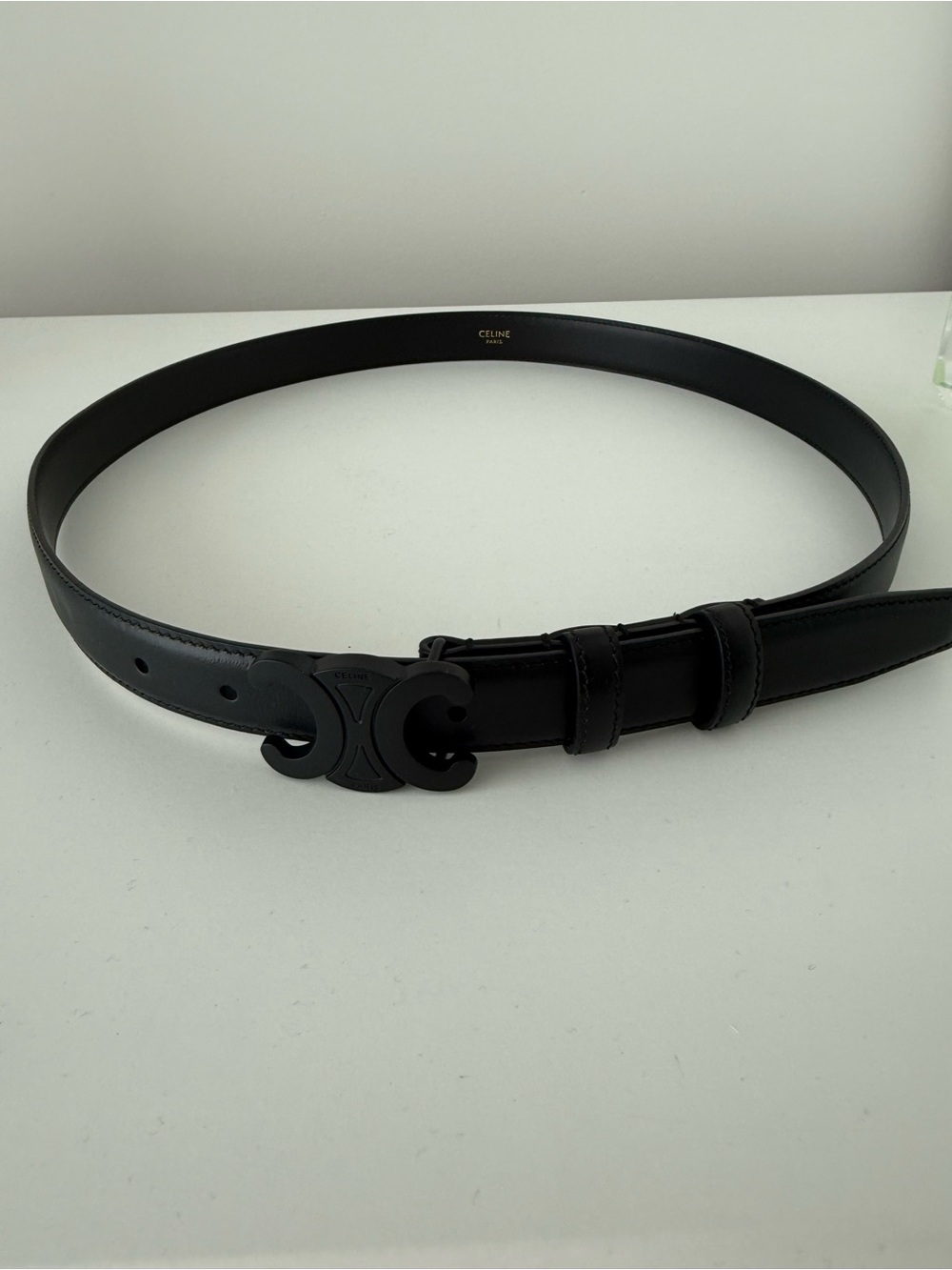 Celine Matte Black Triomphe Logo Leather Belt - Picture 1 of 4